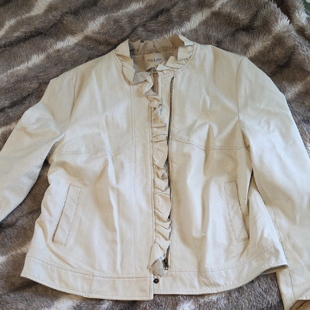 Paul & Joe Women's Light Beige Leather Jacket W/Rufflle - Picture 2 of 7